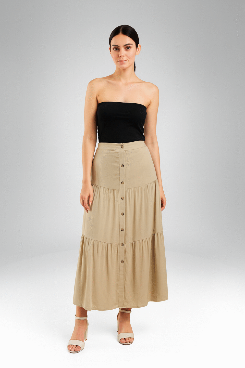 Tiered Maxi Skirt with Button-Front Design (6010-10)
