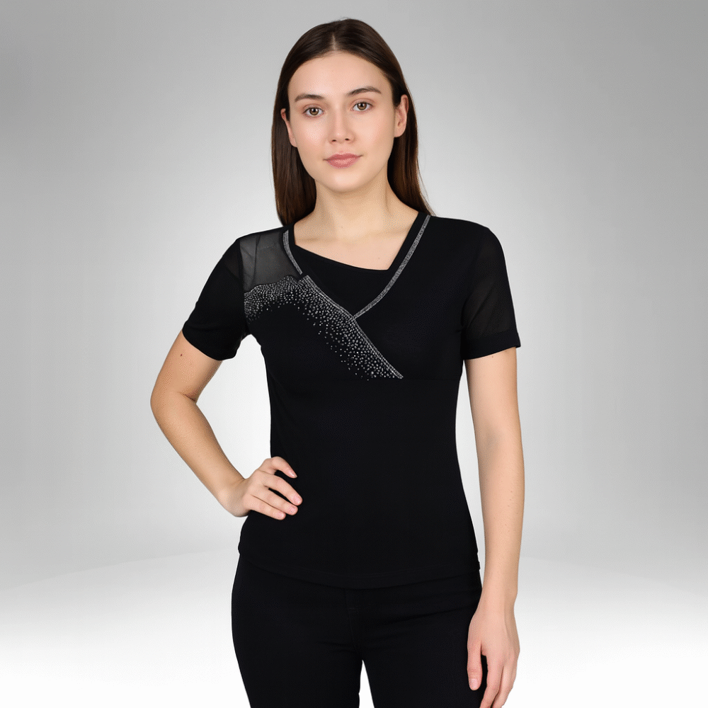 Women's V-Neck Mesh Panel Embellished Top (9155)