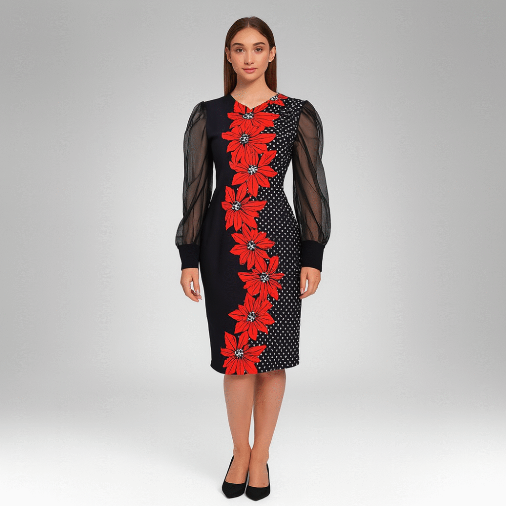Women’s Floral Mesh Sleeve Midi Dress (1115)