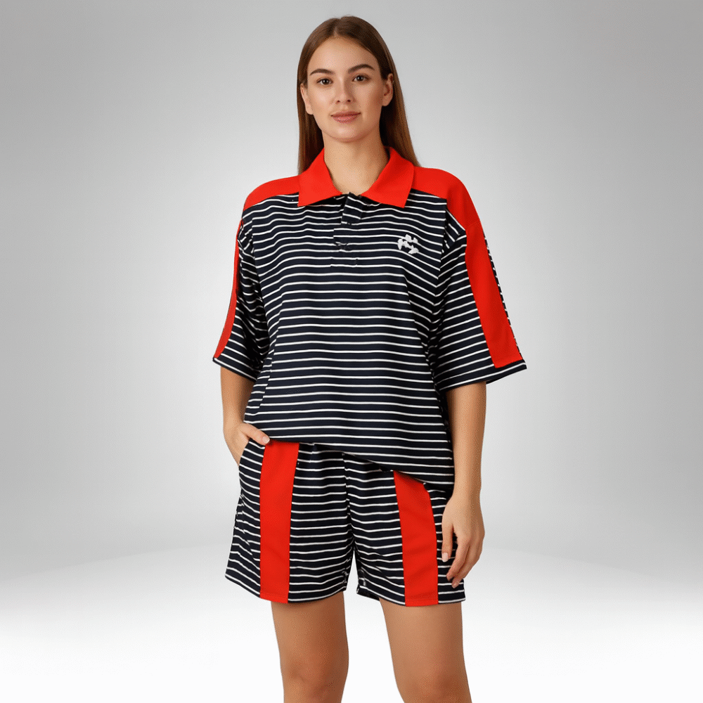 Women's Striped Polo Shirt and Shorts Set (1163)
