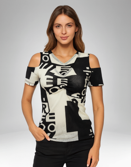 Women’s Graphic Print Cold Shoulder Top (1663)