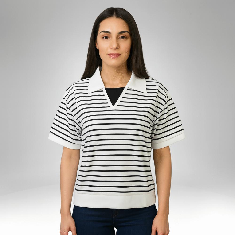 Women’s Striped Collared Short Sleeve Top (18020)
