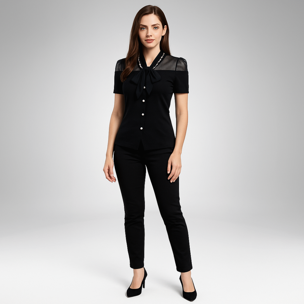 Elegant Pearl-Button Bow Blouse for Women (25001)