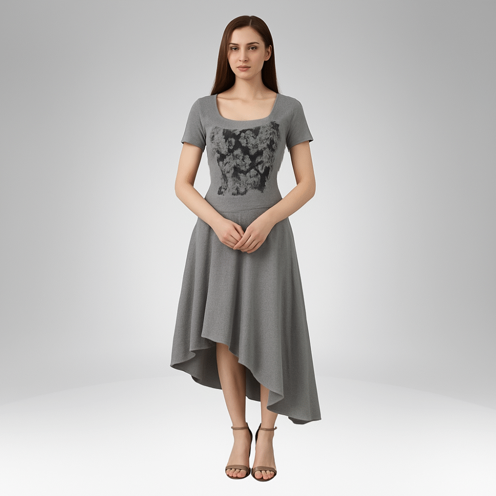 Asymmetrical Hem Butterfly Print Dress (33359)