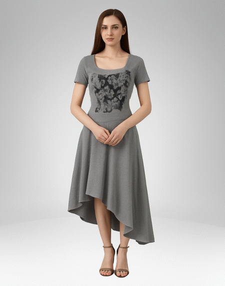 Asymmetrical Hem Butterfly Print Dress (33359)