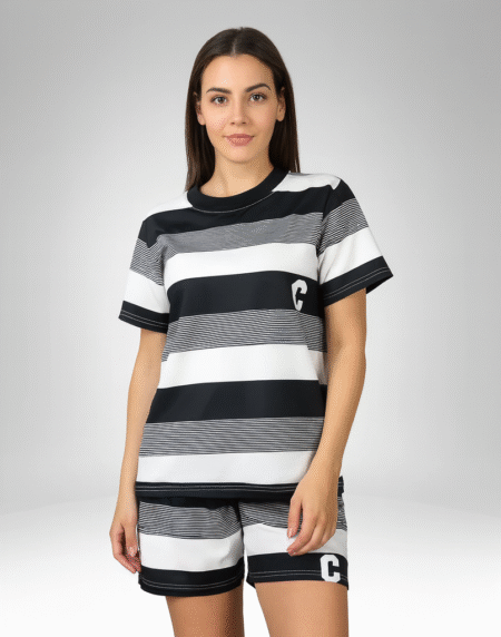 Black and White Striped T-Shirt and Shorts Set (1137)