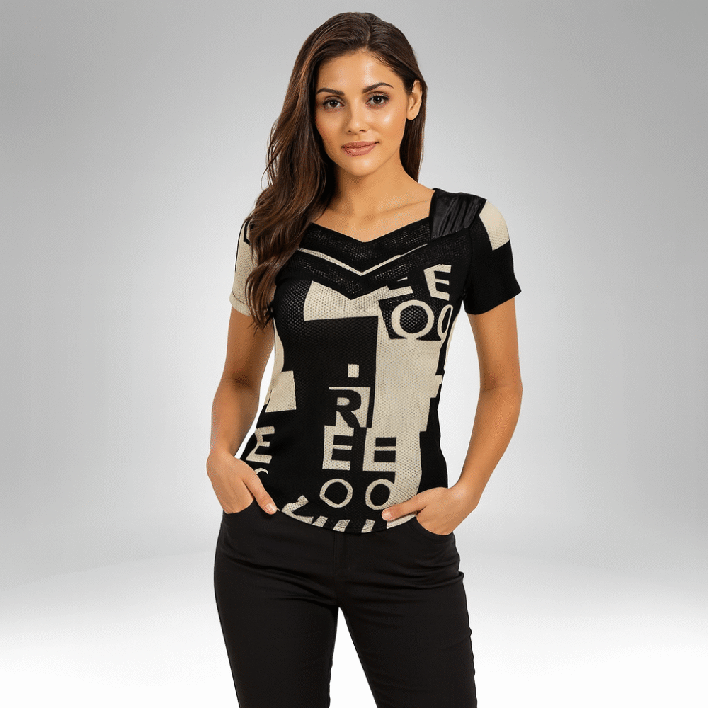 Women's Mesh V-Neck Printed Top (6056)
