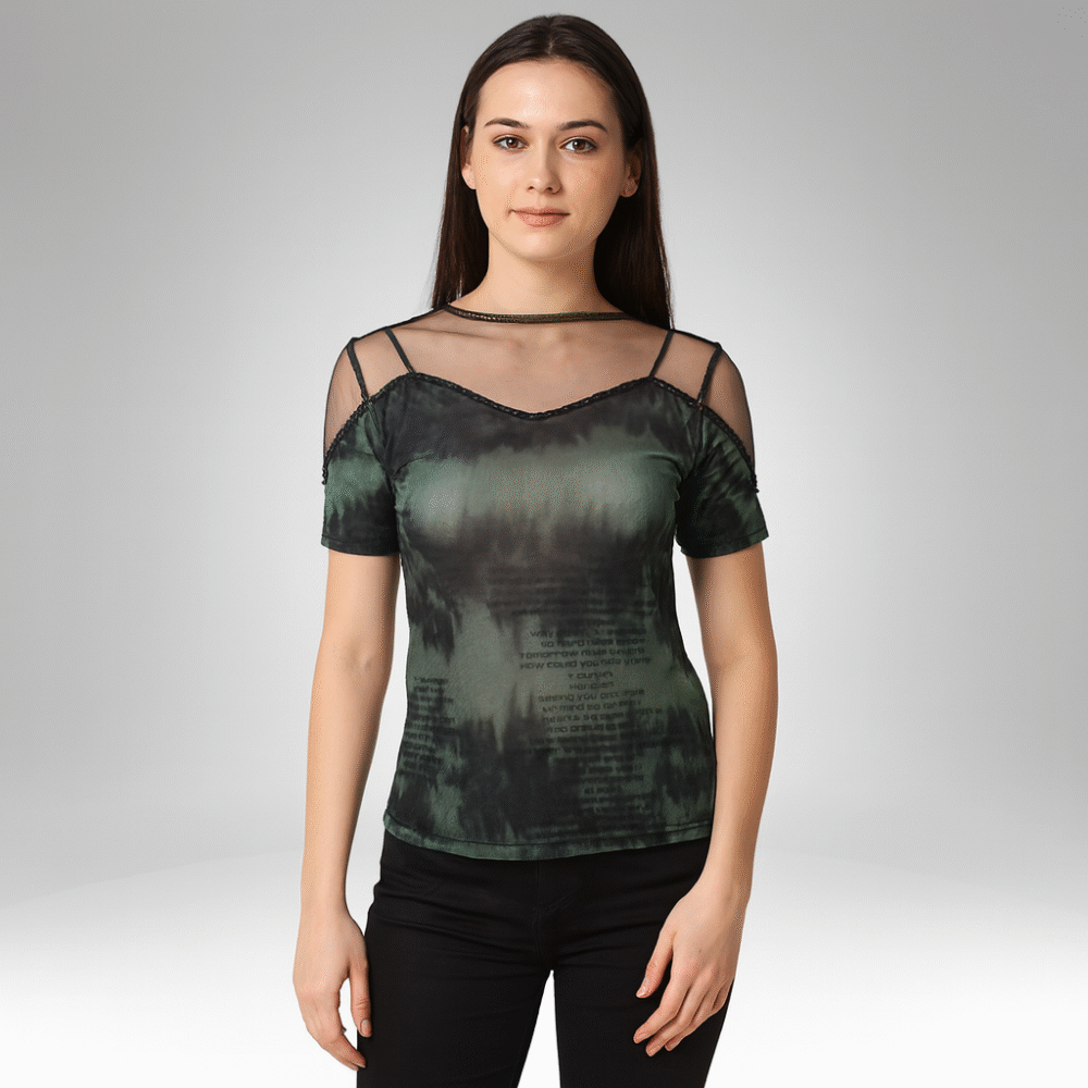 Women’s Sheer Overlay Tie-Dye Script Top (6068-1)