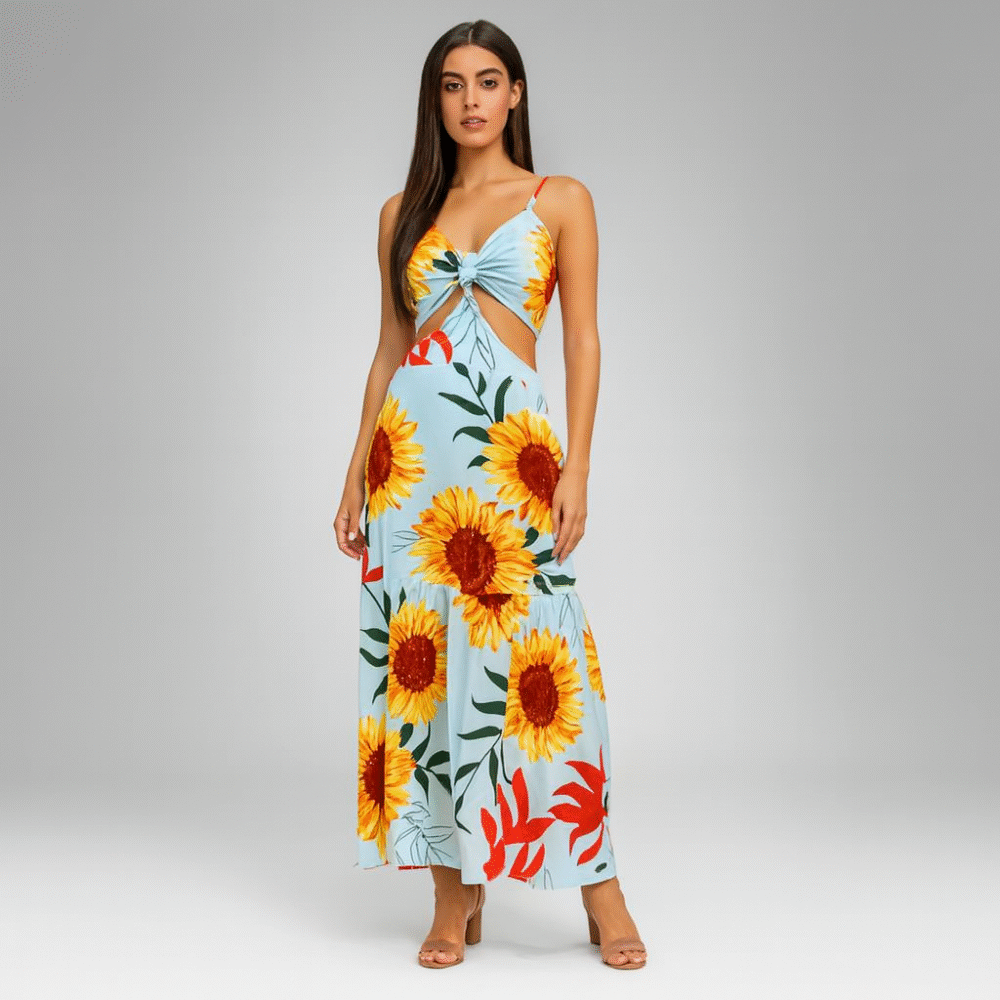 Sunflower Cutout Maxi Dress – Tie-Front, Tiered Hem (6297)