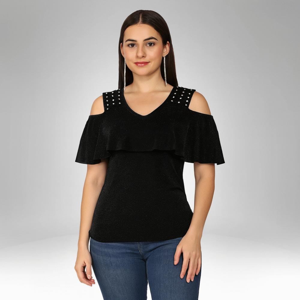 Women’s Cold Shoulder Ruffle Top with Studded Straps (6818)