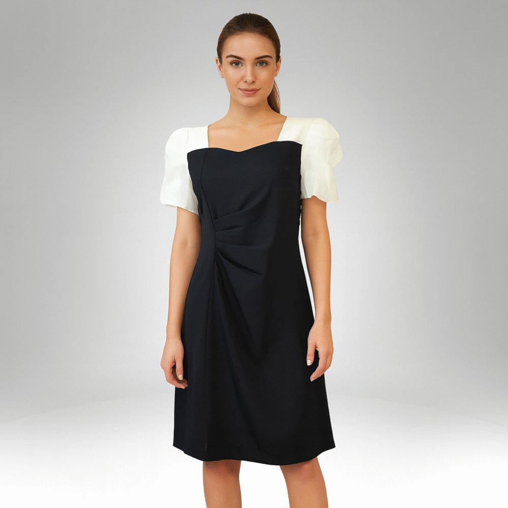 Women's Black and White Puff Sleeve Midi Dress (77)