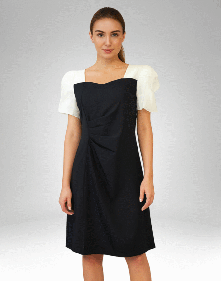 Women's Black and White Puff Sleeve Midi Dress (77)