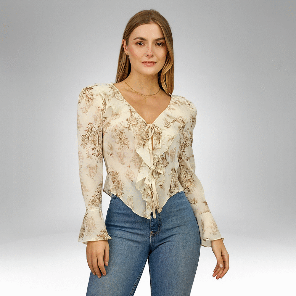 Women's Floral Ruffle Tie-Front Blouse (8525)