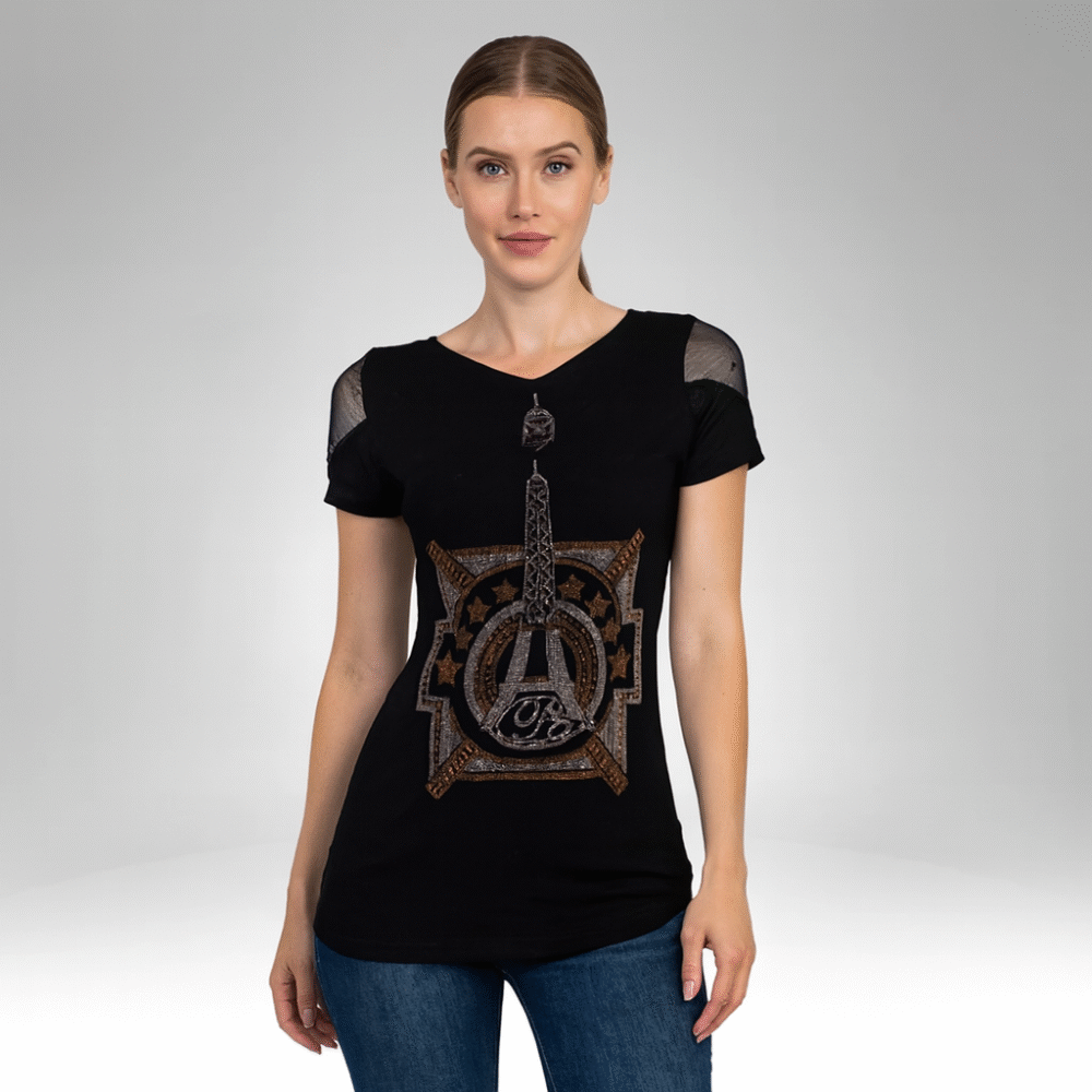 Eiffel Tower Rhinestone Short Sleeve Top (8821)