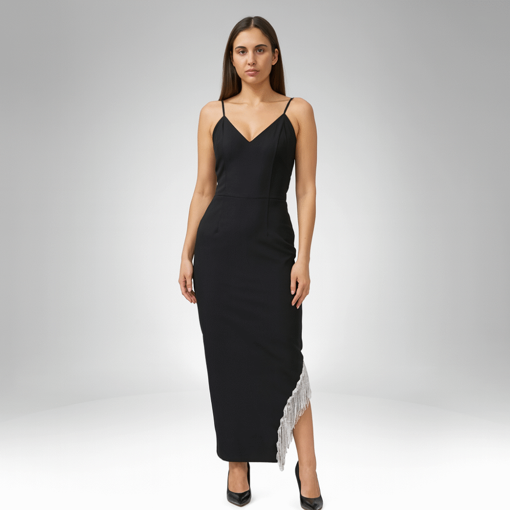 Women’s Black Spaghetti Strap Evening Dress with Lace Hem (989)