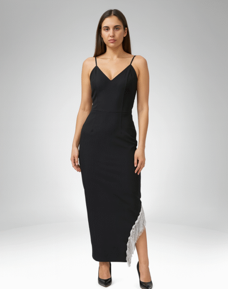 Women’s Black Spaghetti Strap Evening Dress with Lace Hem (989)