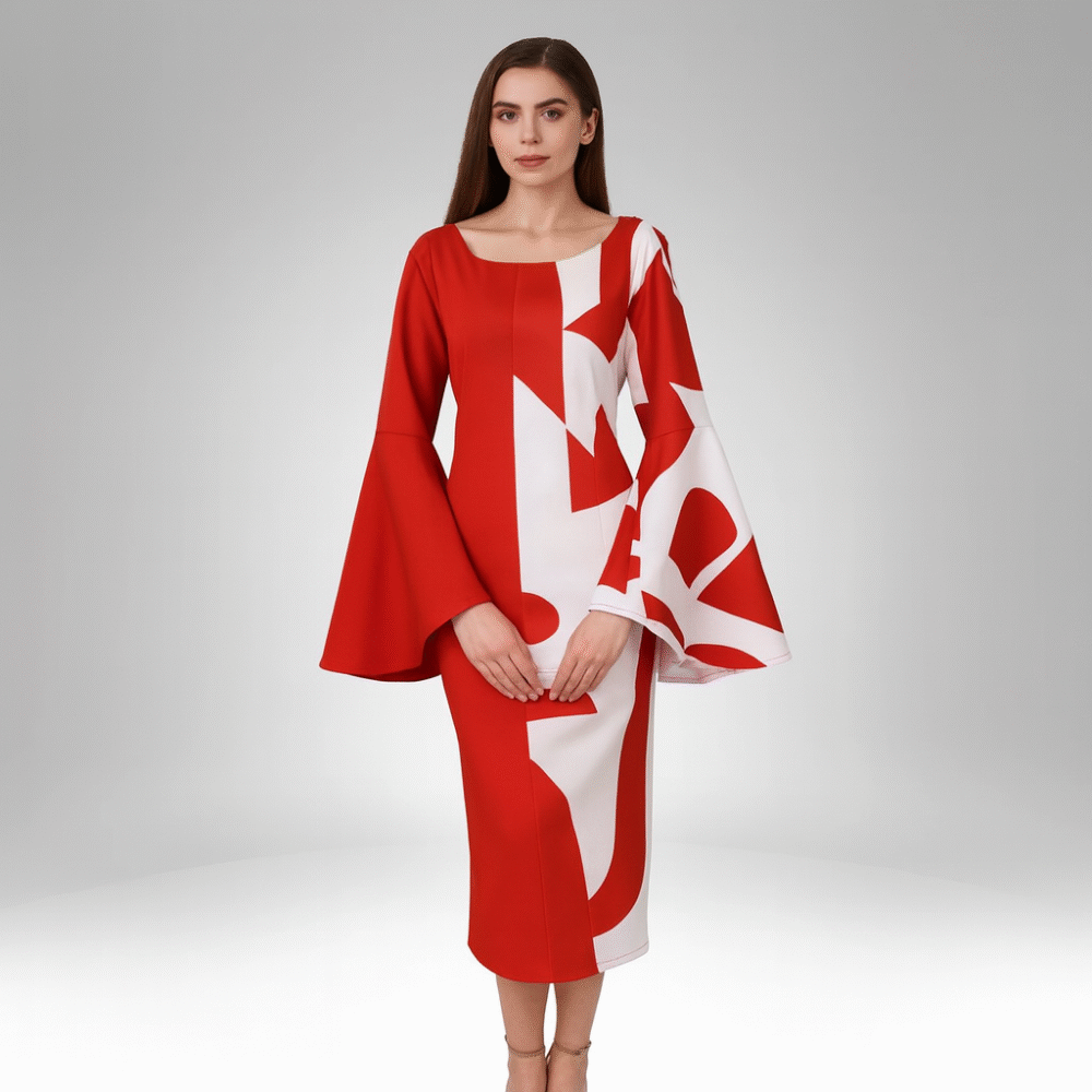 Red & White Bell Sleeve Midi Dress (BL185)