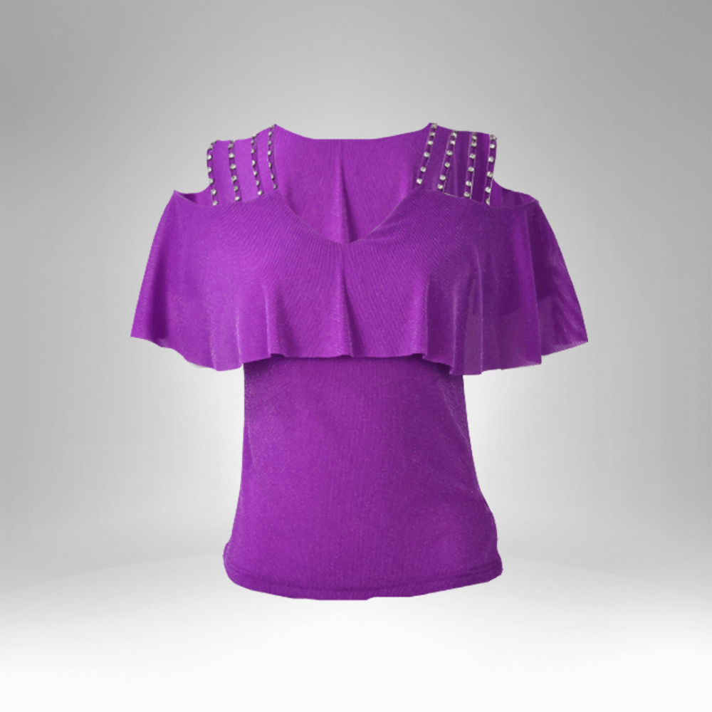 Women’s Cold Shoulder Ruffle Top with Studded Straps (6818) - Image 2