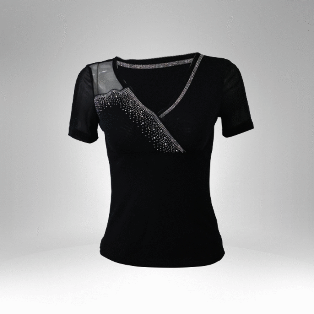 Women's V-Neck Mesh Panel Embellished Top (9155) - Image 3
