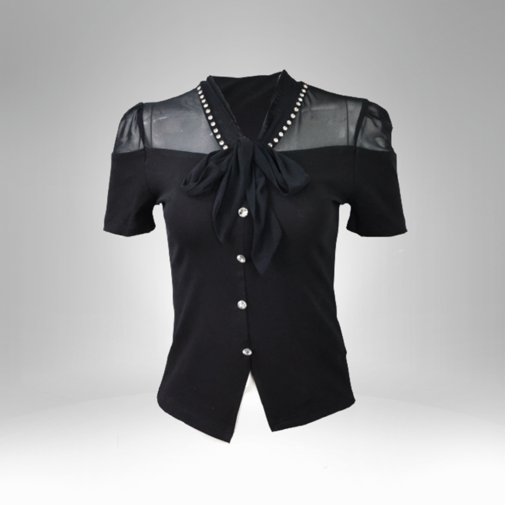 Elegant Pearl-Button Bow Blouse for Women (25001)