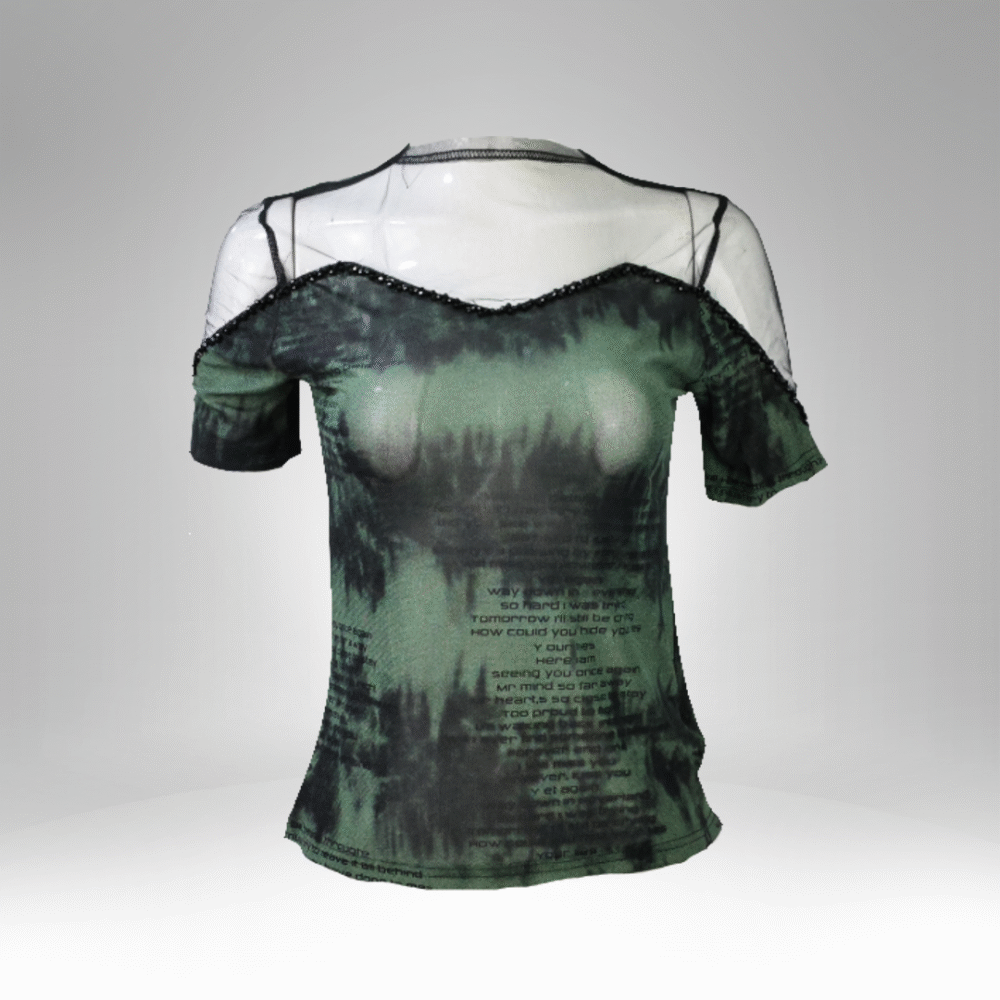 Women’s Sheer Overlay Tie-Dye Script Top (6068-1)