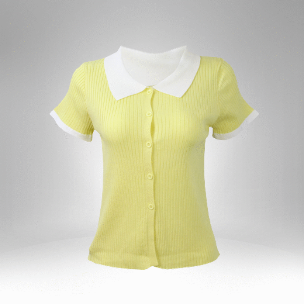 Women’s Short Sleeve Button-Front Ribbed Knit Top with Contrast Collar (0128) - Image 2