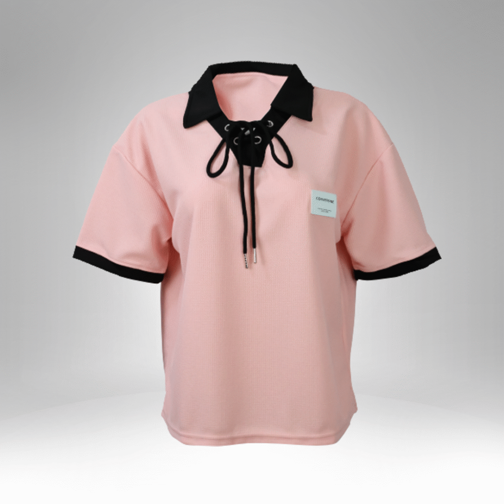 Women’s Contrast Collar Lace-Up Short Sleeve Top (29140) - Image 2
