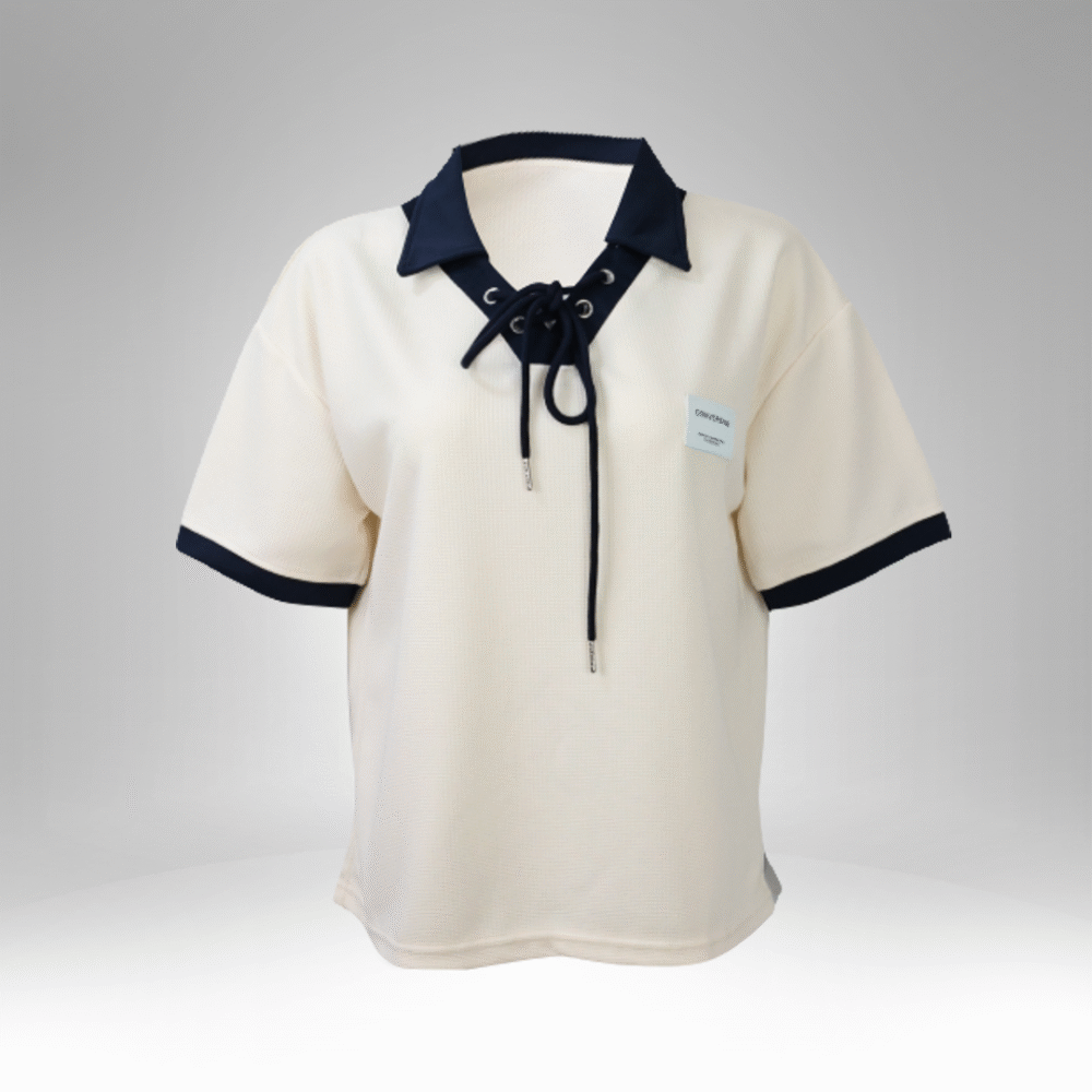 Women’s Contrast Collar Lace-Up Short Sleeve Top (29140) - Image 3
