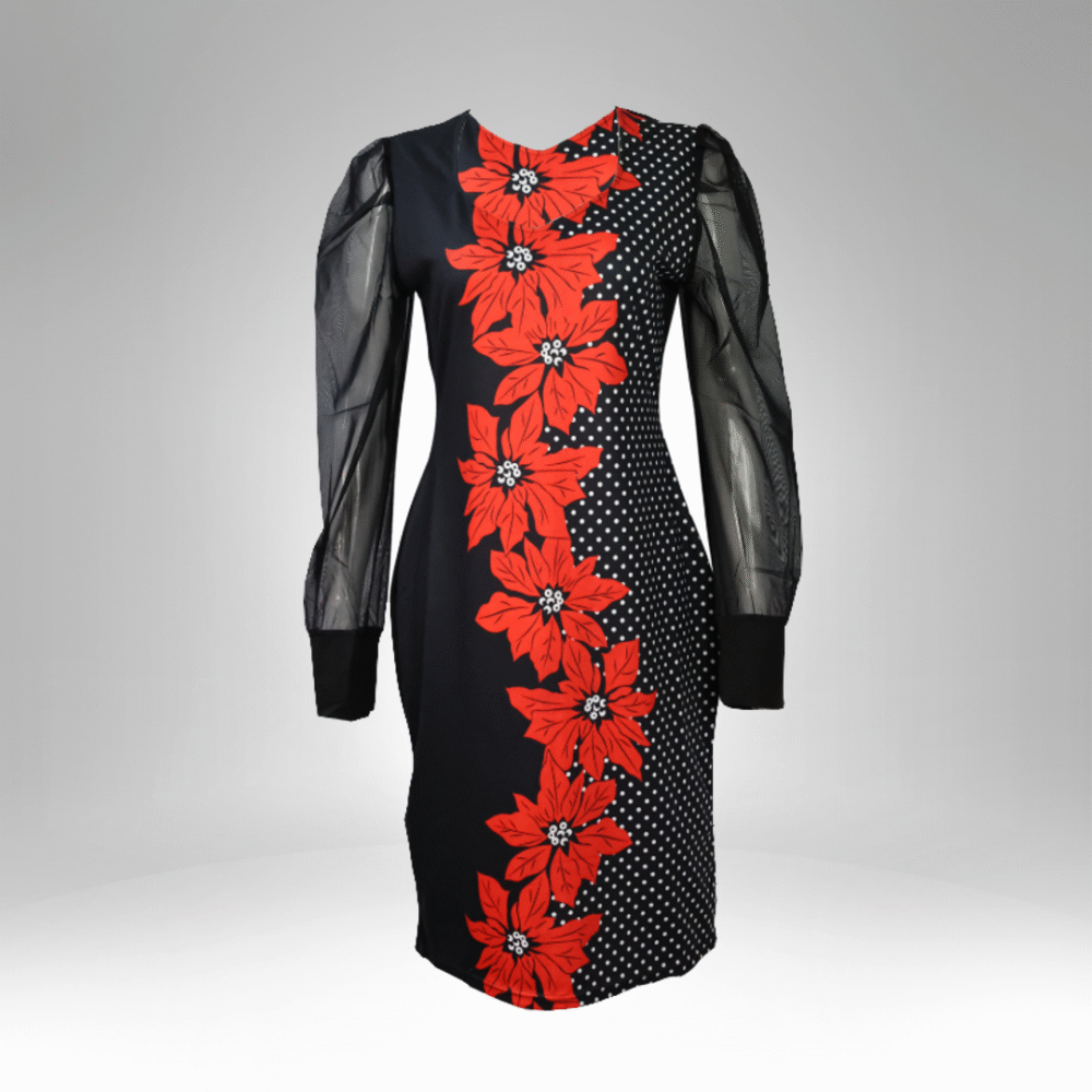 Women’s Floral Mesh Sleeve Midi Dress (1115)