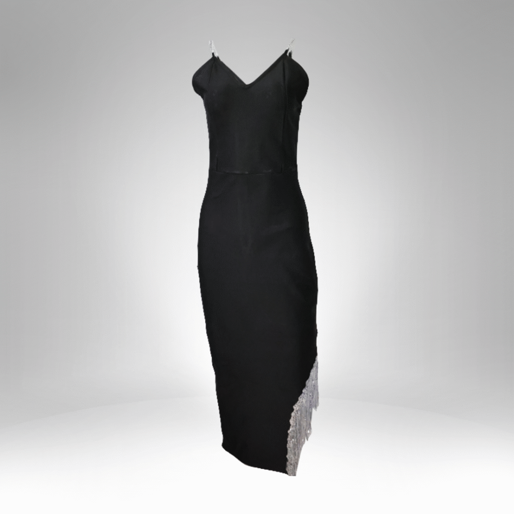 Women’s Black Spaghetti Strap Evening Dress with Lace Hem (989)