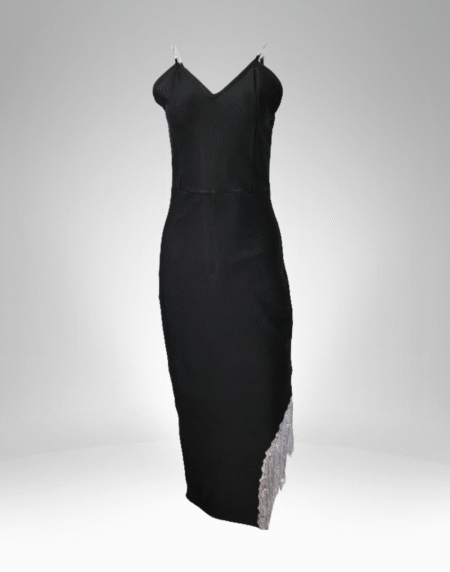 Women’s Black Spaghetti Strap Evening Dress with Lace Hem (989)