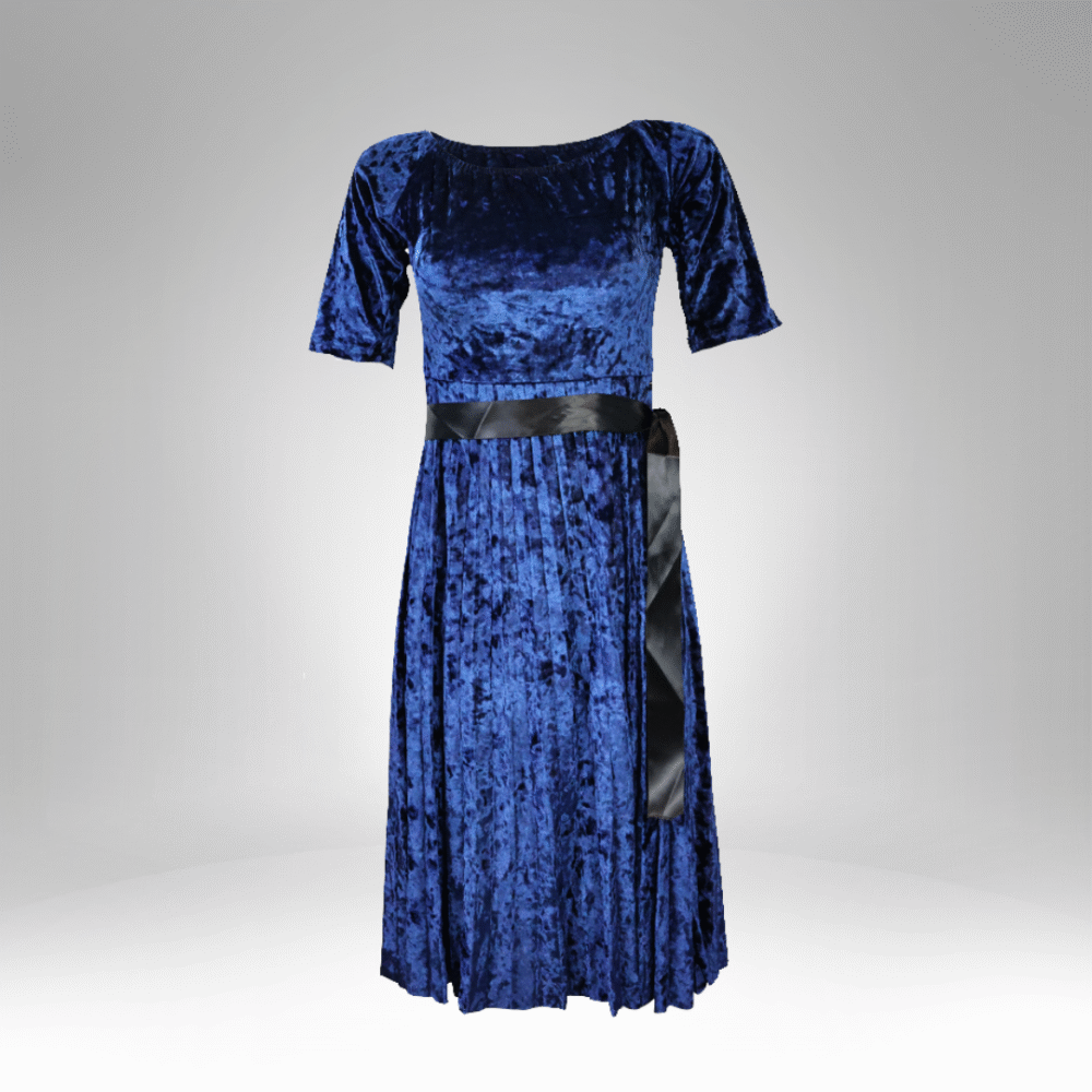 Velvet Midi Dress with Satin Waist Tie (1139) - Image 2