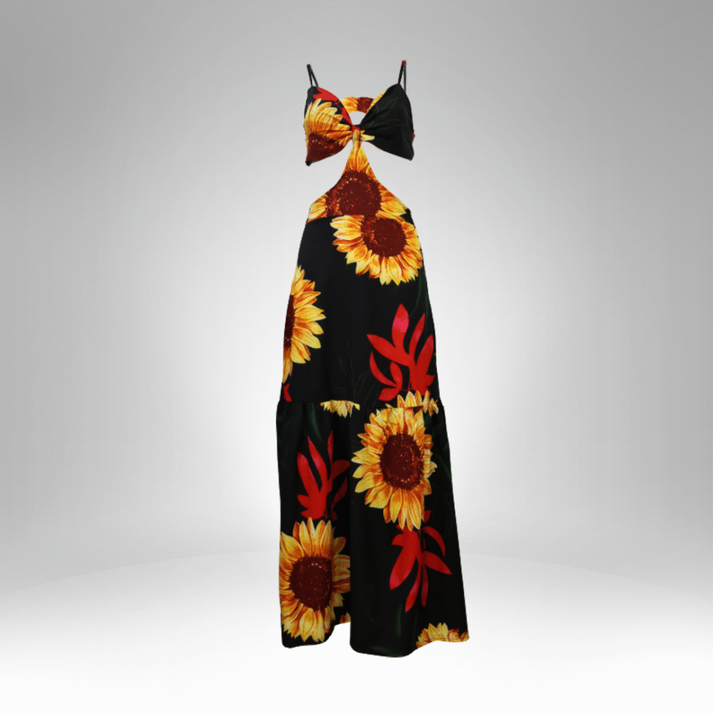 Sunflower Cutout Maxi Dress – Tie-Front, Tiered Hem (6297) - Image 2