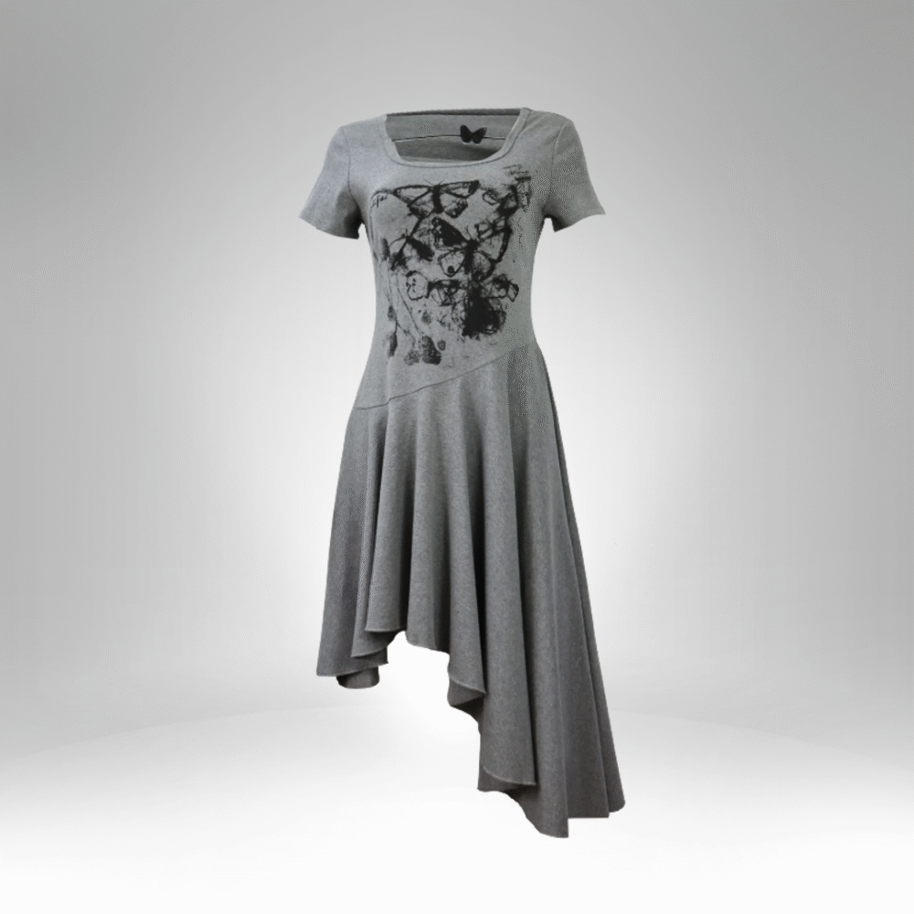 Asymmetrical Hem Butterfly Print Dress (33359)