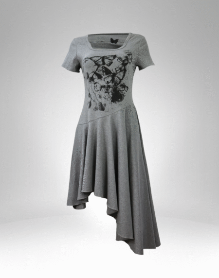 Asymmetrical Hem Butterfly Print Dress (33359)