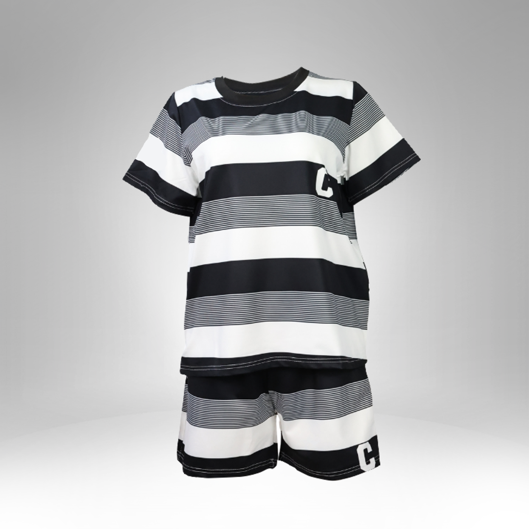 Black and White Striped T-Shirt and Shorts Set (1137) - Image 2