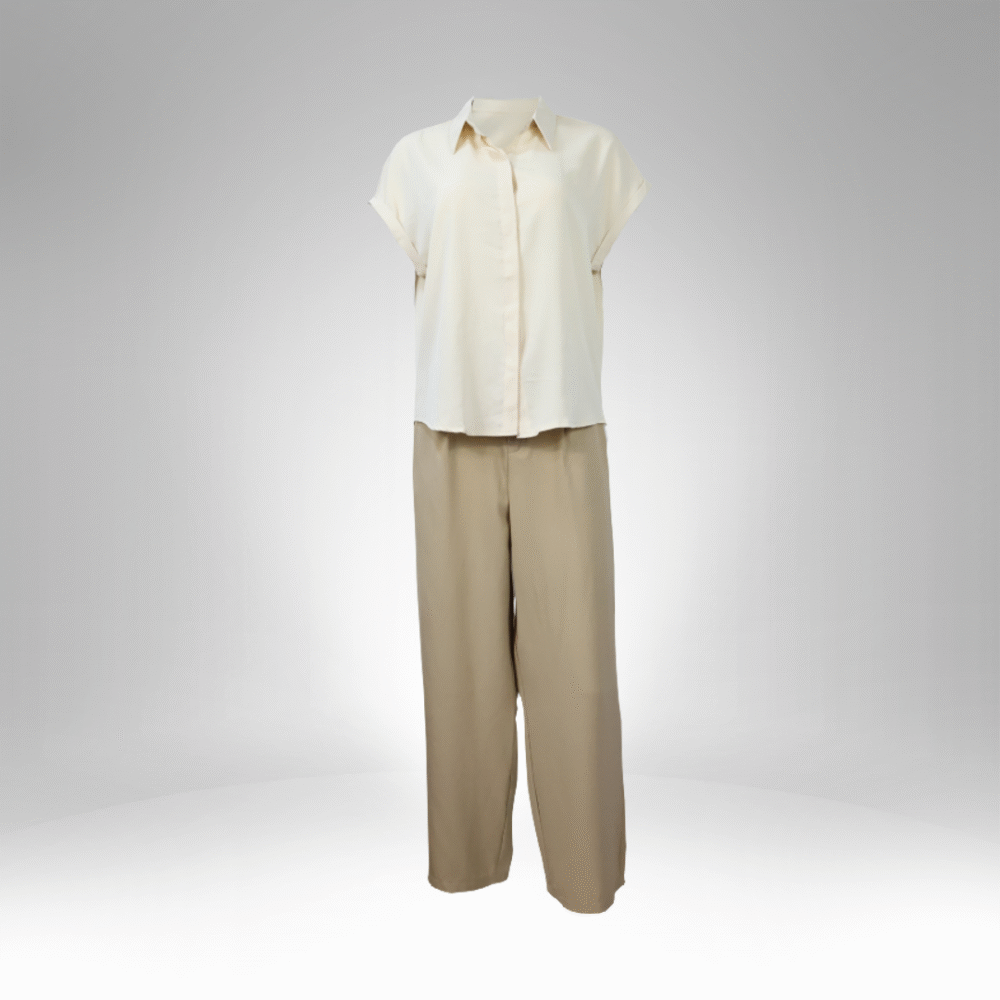 Women’s Beige Wide-Leg Pants and Short-Sleeve Blouse Set (8251) - Image 2