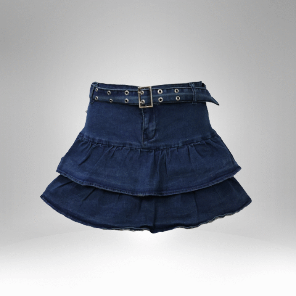 Women's Tiered Denim Mini Skirt with Belt (103)