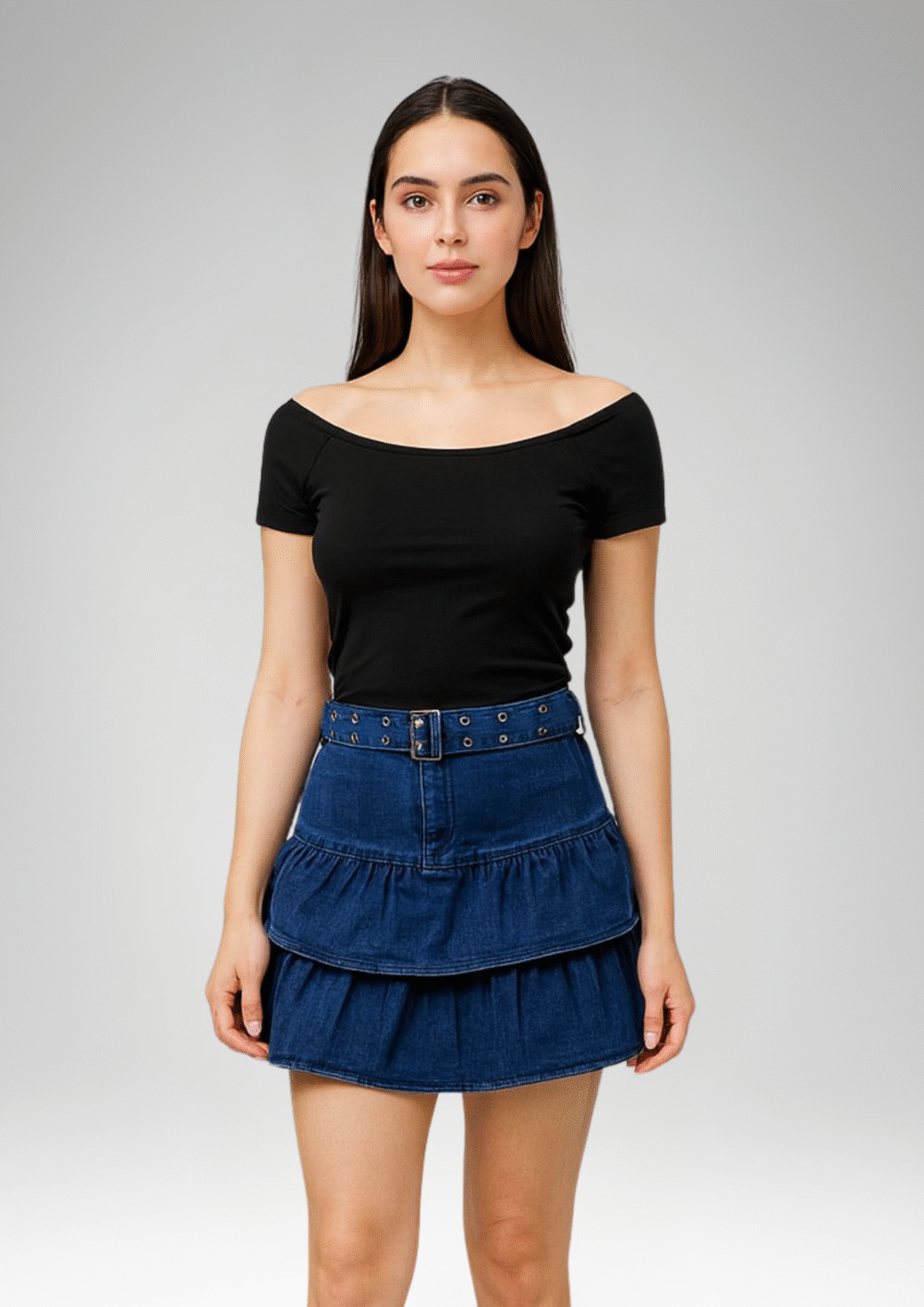 Women's Tiered Denim Mini Skirt with Belt (103)