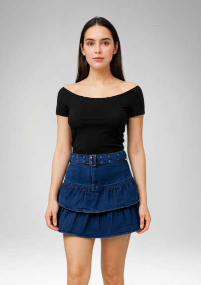 Women's Tiered Denim Mini Skirt with Belt (103)