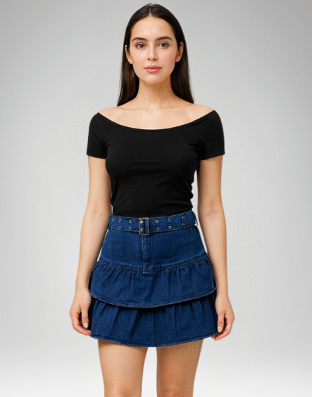 Women's Tiered Denim Mini Skirt with Belt (103)