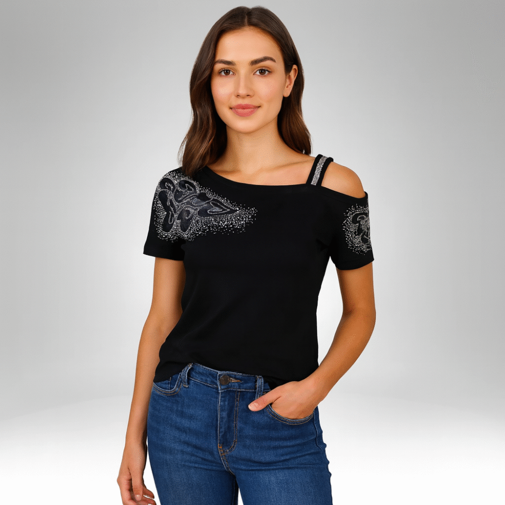 Women's Rhinestone Butterfly Shoulder Cut-Out Top (21038)