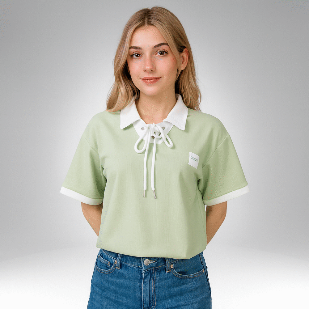Women’s Contrast Collar Lace-Up Short Sleeve Top (29140)