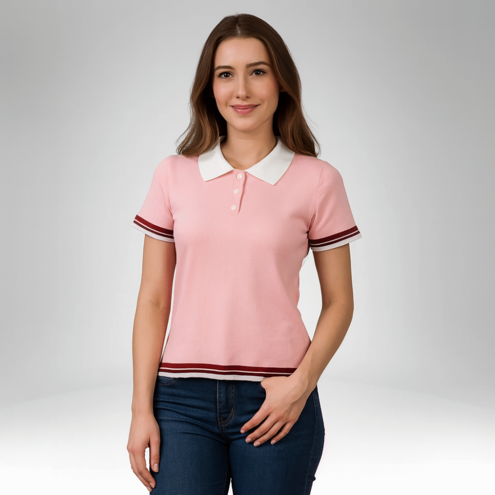 Women’s Knit Polo Shirt with Contrast Collar and Trim (0111)