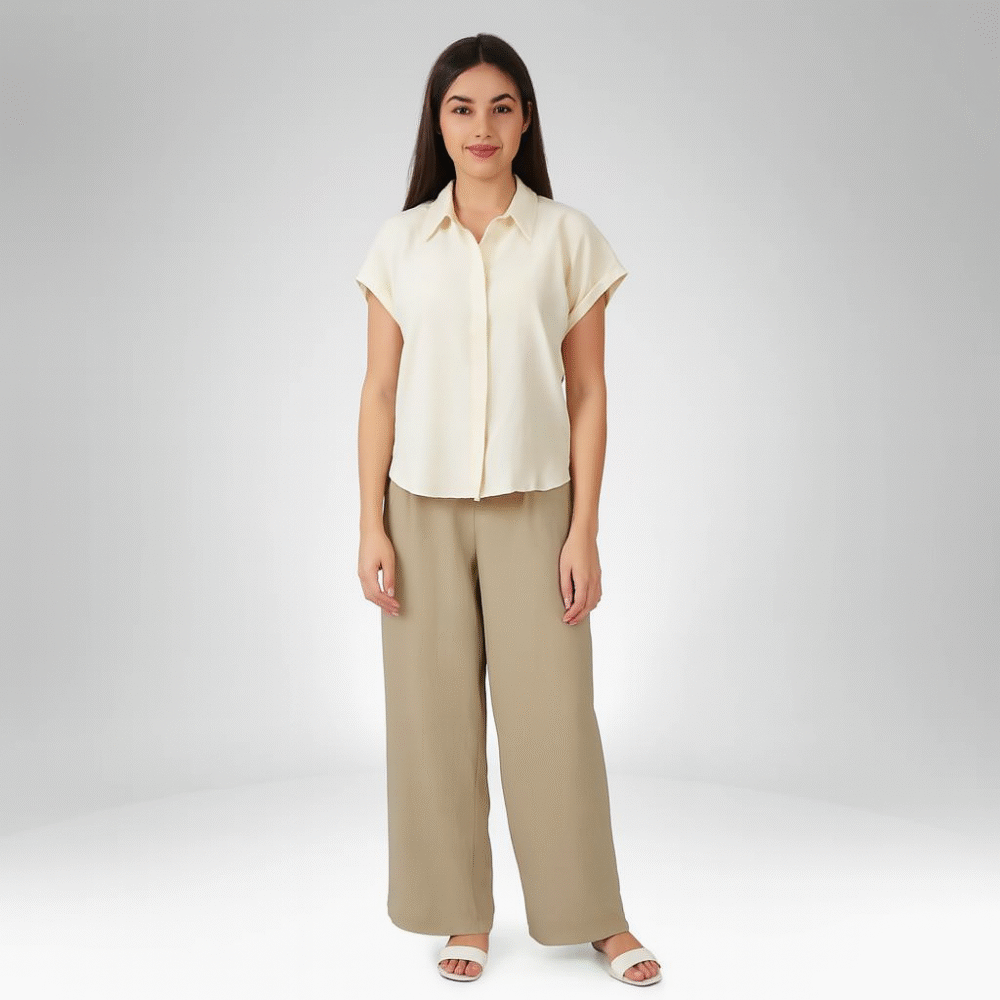 Women’s Beige Wide-Leg Pants and Short-Sleeve Blouse Set (8251)