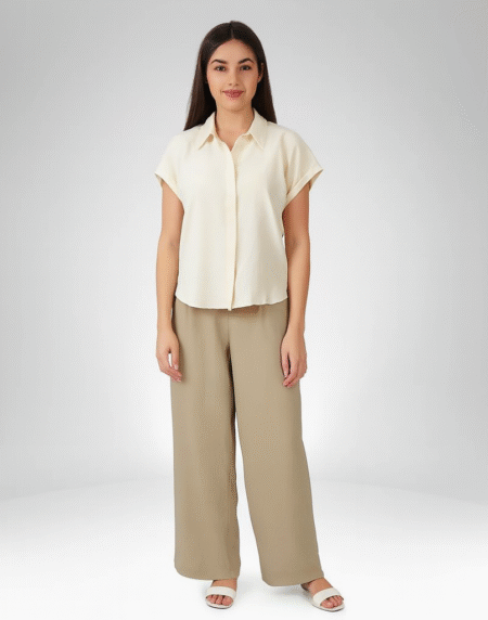 Women’s Beige Wide-Leg Pants and Short-Sleeve Blouse Set (8251)