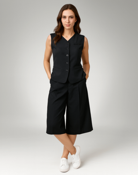 Women’s Sleeveless Blazer and Wide-Leg Shorts Set (8245)